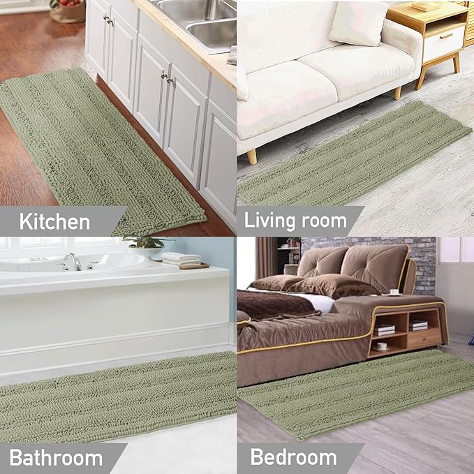 Turquoize Bathroom Runner Area Chenille Rug Oversize Non-Slip Shag Kitchen Shower Bath Mat Extra Long Eucalyptus Striped Washable for Bathroom, Size 59" x 20", Eucalyptus