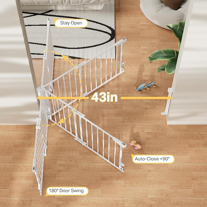 Cumbor 2 Pack 29.2-43" No Bottom Bar Baby Gate for Stairs, 2-in-1 Auto Close Dog Gate Indoor, Hardware Mounted Pet Gate for Doorways with Large Walk Thru Door, Child-Proof Safety Gate for Kids (White)