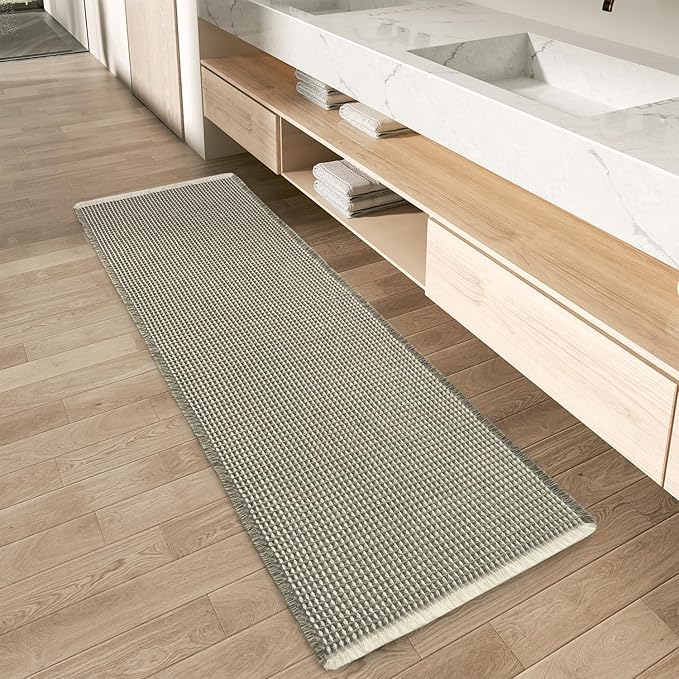 AMOAMI Upgraded Waffle Runner Rug Super Absorbent Non Slip Bath Mats for Bathroom Machine Washable Bathroom Runner Rug with Tassels, Ideal for Hallway Bedroom Laundry Room, 17" x 60‘’, Green & Cream