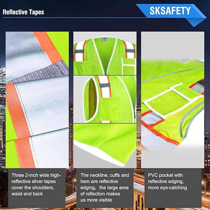 SKSAFETY 10 Pockets Safety Vest, Class 2 High Visibility Security with Zipper Double-sided mesh, Hi Vis Vest with Reflective Strips, ANSI/ISEA Standard, Construction Work Vest （Lime, 3XL）