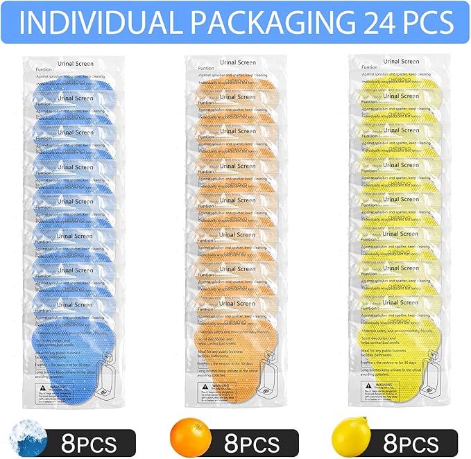 Urinal Screen Deodorizer 24 Pack,Urinal Cakes Deodorizer Bulk Urinal Mats Screens Scented Anti Splash Urinal Pads for Men Bathroom Office School (8 Pcs Ocean Breeze 8 Pcs Lemon 8 Pcs Orange)
