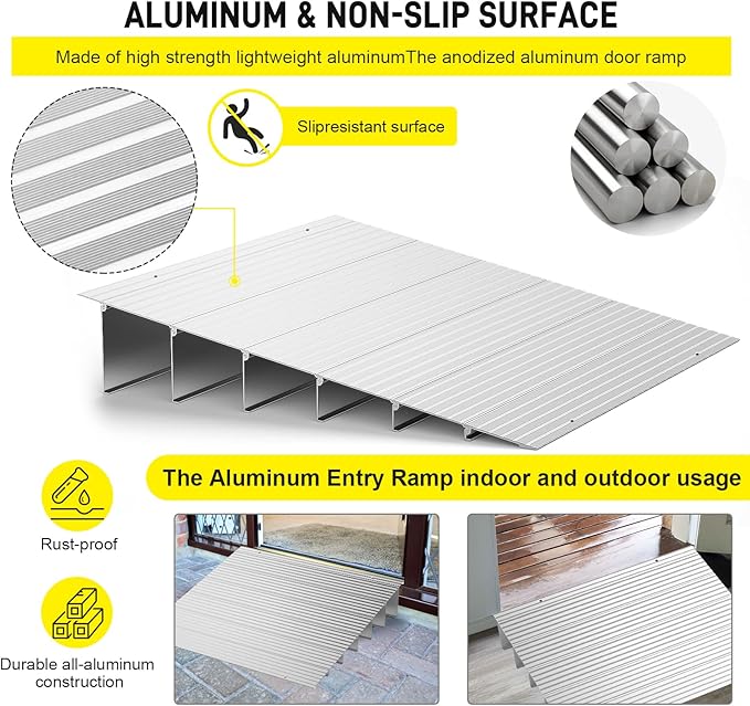 Door Threshold Ramp 6" Rise Door Ramp Aluminum Entry Ramp or Doorways Rated 800 lbs Load Capacity forWheelchair Scooters Power Chairs Walkers