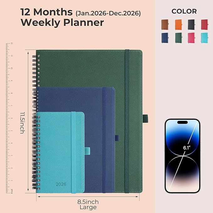 Planner 2026 Daily Weekly and Monthly,11.5"x8.5",12 Months Spiral Bound Calendar Agenda with Self-adhesive Pen Holder,2026 Appointment Book with Vegan Leather Soft Cover,Green