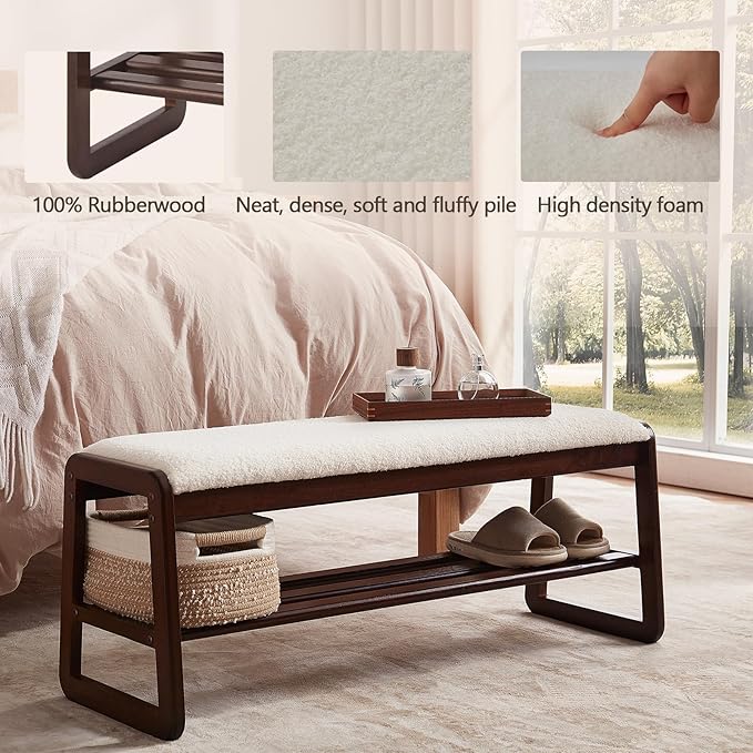 Shoe Rack Bench,2 Tier Wooden Entryway Bench with Shoe Storage, Shoe Rack with Cushion for Living Room, Hallway(Cream White, 39.4")