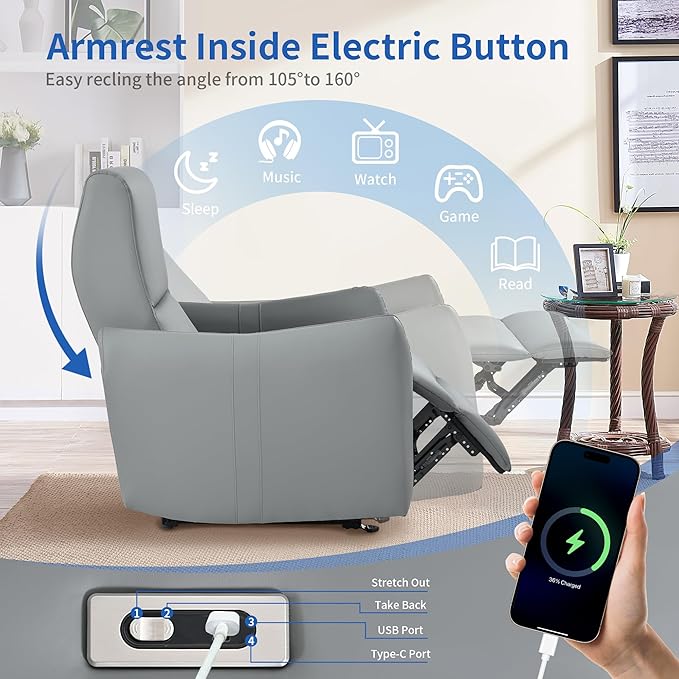 Wall Hugger Power Recliner Chair, Zero Wall Electric Recliner Chairs with USB Port, Space Saving Large Recliner for Living Room, RV, Home Theater
