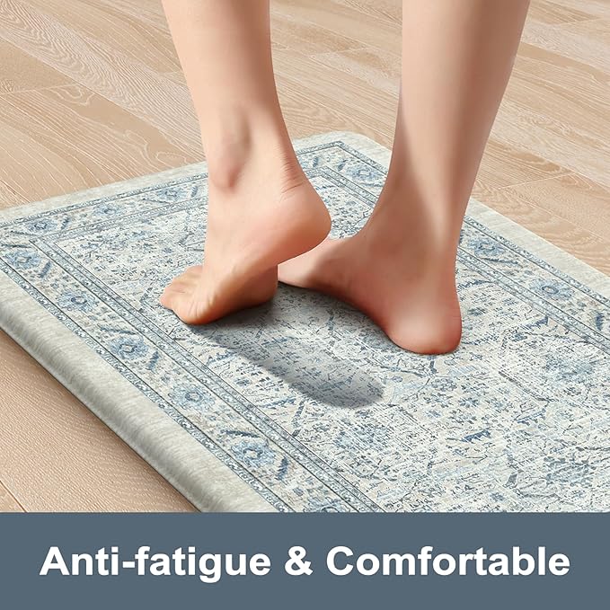KIMODE Anti Fatigue Kitchen Mat, Boho Distressed Kitchen Rugs Sets of 2,Kitchen Mats for Floor Cushioned Non Slip, Comfort Kitchen Floor Mats for Sink, Laundry, Desk Blue 17"x59"+17"x29"