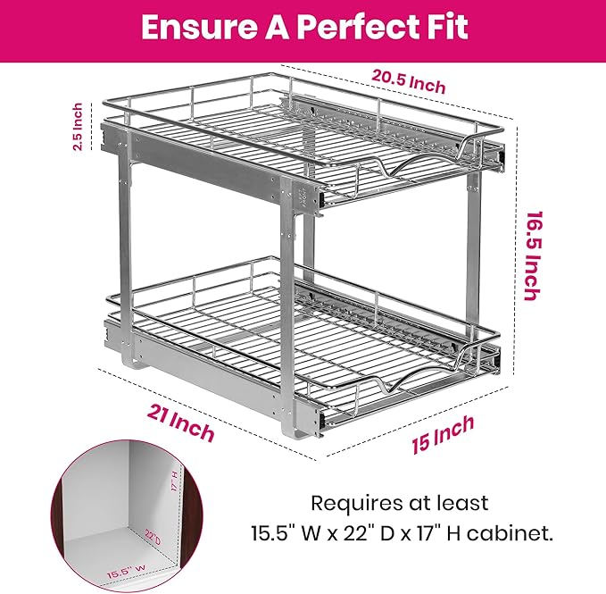 HOLDN’ STORAGE Two Tier Pull Out Cabinet Organizer, Individual Sliding Drawers - Heavy Duty Metal with Lifetime Limited Warranty - Anti Rust Chrome Finish - 15" W x 21”D x 16.5" H