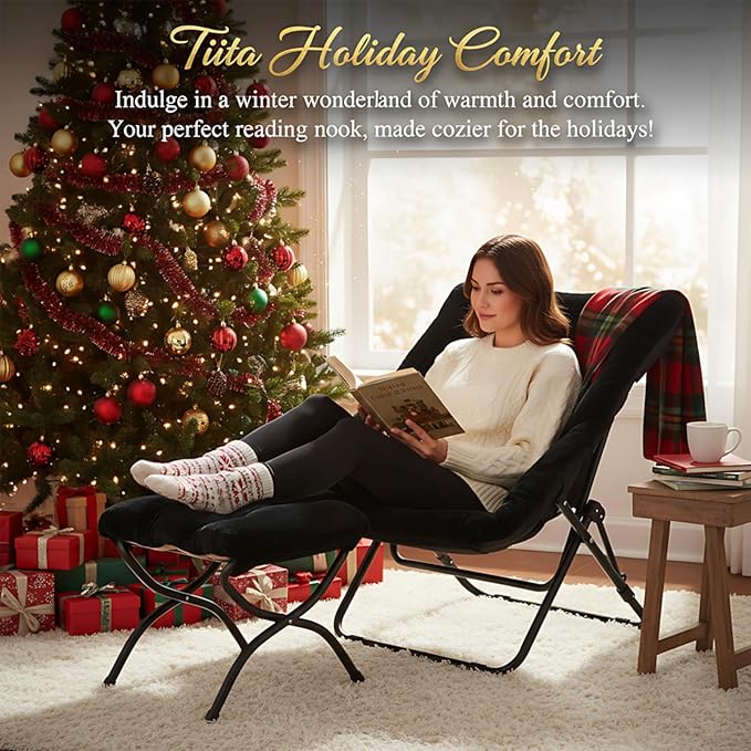 Tiita Folded Chair with Ottoman, Soft Faux Fur Oversized Folding Accent Chair,Lounge Lazy Chair, Metal Frame Moon Chair for Bedroom, Living Room, Dorm Rooms, Garden and Courtyard