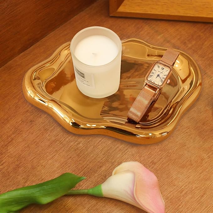 Ceramic Jewelry Tray Trinket Dish, Decorative Cloud Vanity Key Tray for Women, Ring Holder Dish, Cute Jewelry Plate Bowl Room Decor Aesthetic, Gold, Medium