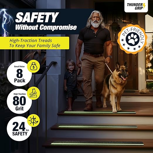 Grip Tape for Stairs 24" x 4" - 8-Pack Glow in The Dark Outdoor Stair Treads Non-Slip Weather Resistant - Anti Slip Tape for Exterior Wooden Steps - Waterproof 80-Grit Adhesive Treads