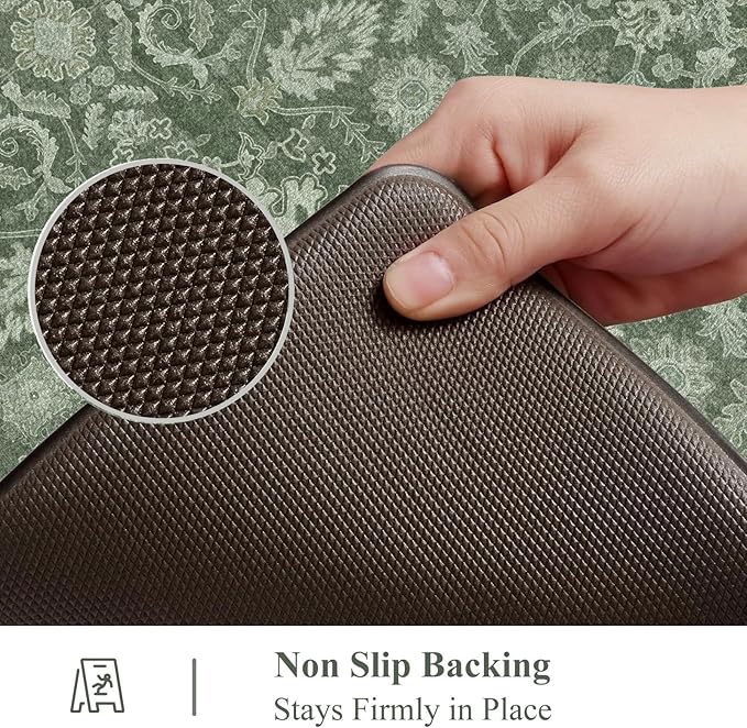 Collive Kitchen Mats Cushioned Anti Fatigue, Non Slip Waterproof Kitchens Floor Mat Green/Grey Vintage Floral Sink Rug, Comfort Desk Standing Rugs for Bedroom, Office, Laundry, 17.3''x28''