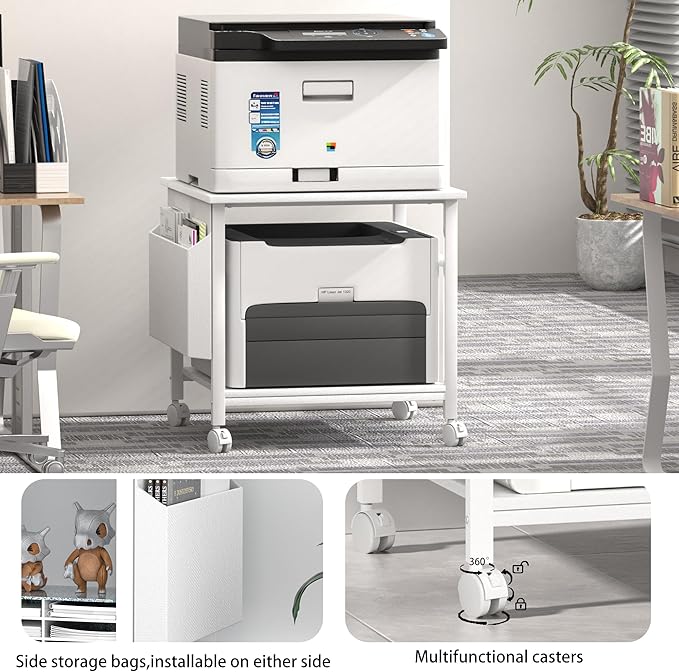 Large Printer Stand, 23.6 x 23.6 Inches Square Printer Stand with Storage Shelf, 2 Tier Printer Table for Home Office, Rolling Printer Cart with Lockable Wheels, Mobile Mini Fridge Stand Table, White