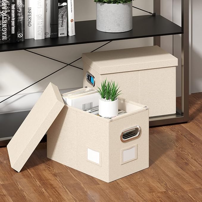 Hanging File Box with Lid, Set of 2 Filing Organizer Storage Box, Linen Collapsible Decorative Office/Home File Cabinet (14x9.3x10.9 inch) (Beige)