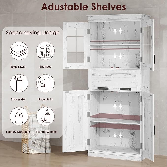 GarveeHome 67" Tall Bathroom Cabinet with 4 Doors & Flip Glass Drawer, Storage Cabinet with Adjustable Shelves, Freestanding Organizer for Kitchen, Living Room (Ivory)