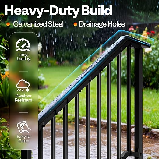 VIVOHOME 2-Pack 5 Step Galvanized Steel Hand Rails for Outdoor Steps – Black Oval and Safety Balusters Exterior Railing for Porch, Deck, or Indoor Stairs, Complete Installation Kit