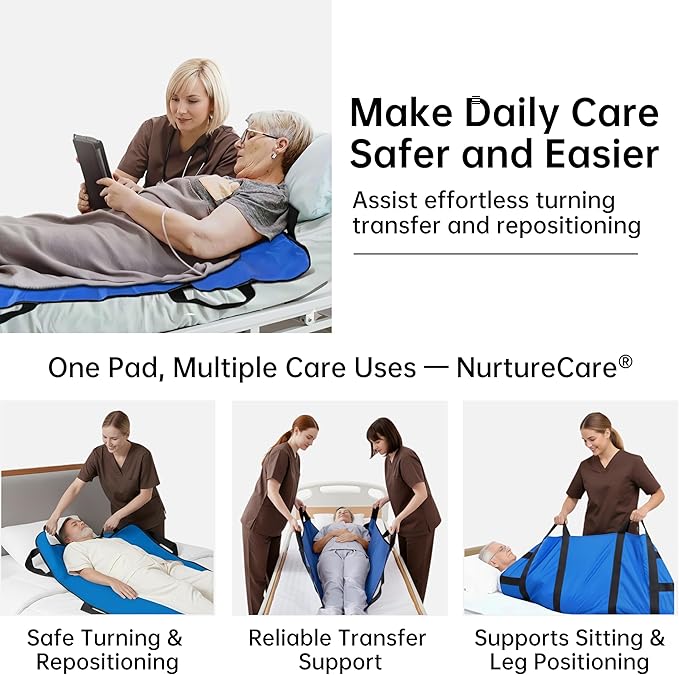 Upgraded 3-Layer Comfort Positioning Bed Pad with Handles Washable Waterproof Transfer Board for Turning Moving Patient Inconvenience Care Transfer Sheet, 36"x 28", Small, Lake Blue