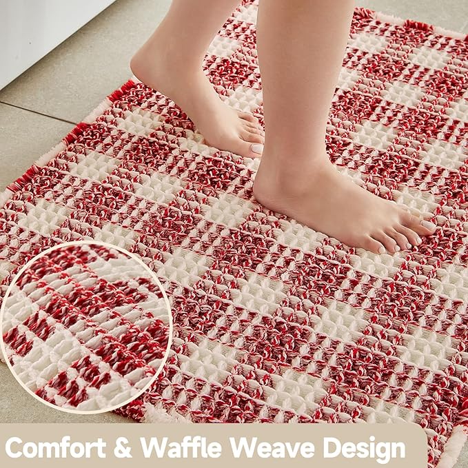 Waffle Bath Mat, Boho Christmas Bathroom Rugs Non Slip Washable Absorbent Checkered Bathroom Mat Quick Dry Cute Bath Mat, 48"x24" Red and White