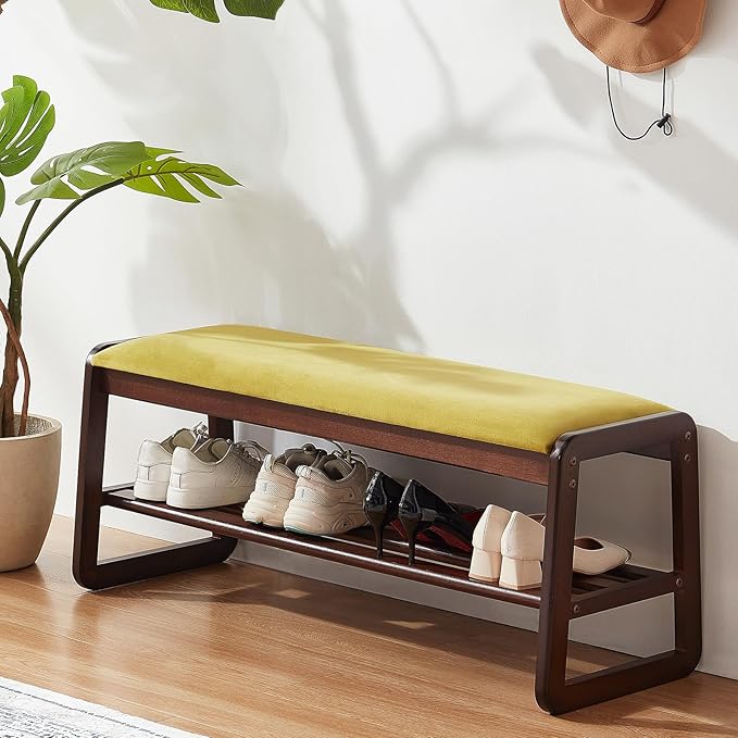 Shoe Rack Bench,2 Tier Wooden Entryway Bench with Shoe Storage, Shoe Rack with Cushion for Living Room, Hallway(Olive Green, 39.4")