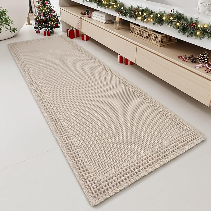 RESARE Waffle Bathroom Runner Rugs, Super Absorbent Bath Mat Non Slip Washable Quick Dry, Upgraded Ultra Soft Boho Bath Rugs with Tassels for Hallway Bedroom Laundry Room, 2'x5'(24"x60"), Pale Beige