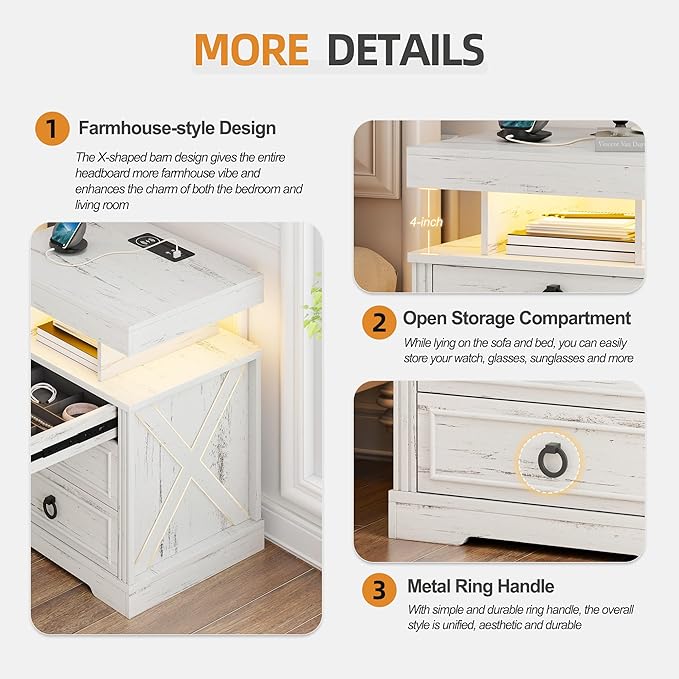 Gurexl Farmhouse Set of 2 Night Stand with Lockable Gun Drawer,LED Nightstand with Charging Station,Bedside Table with Human Sensor 3-Color Lights,End Table with 3 Drawers,Bedroom,White