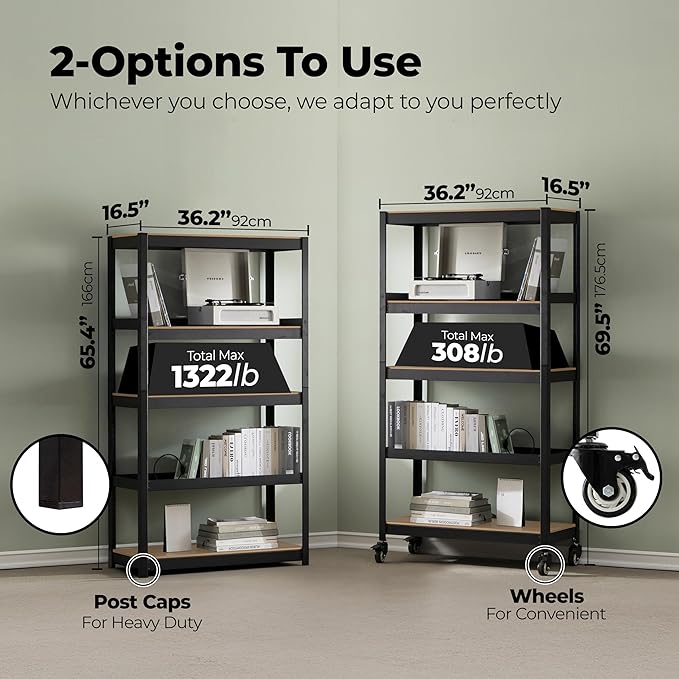 HOMEDANT House 5-Tier Metal Rolling Cart Shelf Rack Casters Heavy Duty Laminated Wheel Shelving Unit Adjustable Utility Storage Shelves Organizer Shelf Kitchen Garage (3, (M) 36.2" W, Black)