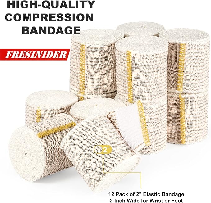 FRESINIDER Premium Elastic Bandage Wrap, 12 Pack 2" × 4.5 Yards (13.5 ft) Cotton Latex Free Compression Wrap with Touch Closure at Both Ends, Support & First Aid for Sports, and Injury Recovery