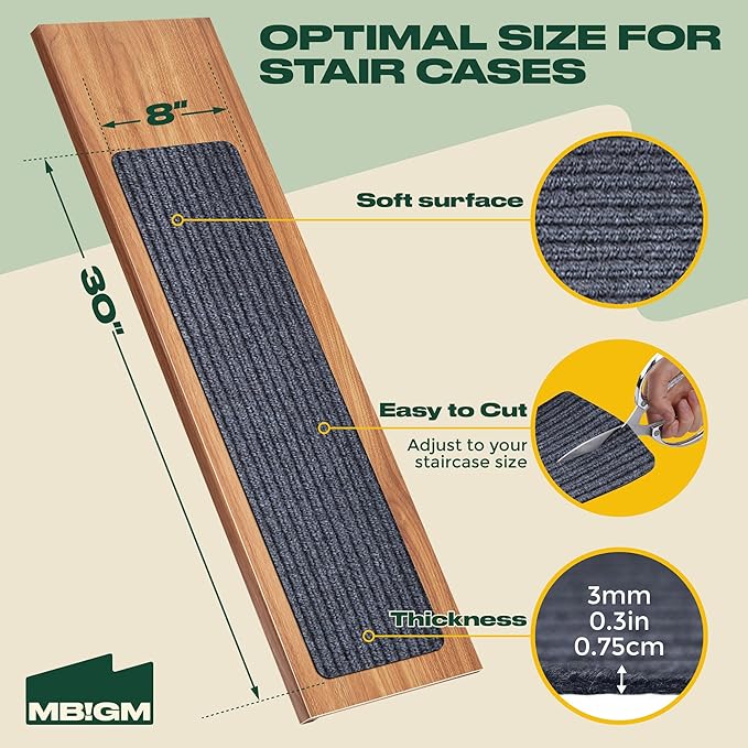 MBIGM 8" X 30" (15 in Pack) Non-Slip Carpet Stair Treads Non-Skid Safety Rug Slip Resistant Indoor Runner for Kids Elders & Pets with Reusable Adhesive - Gray - Carpet Pads for Stairs
