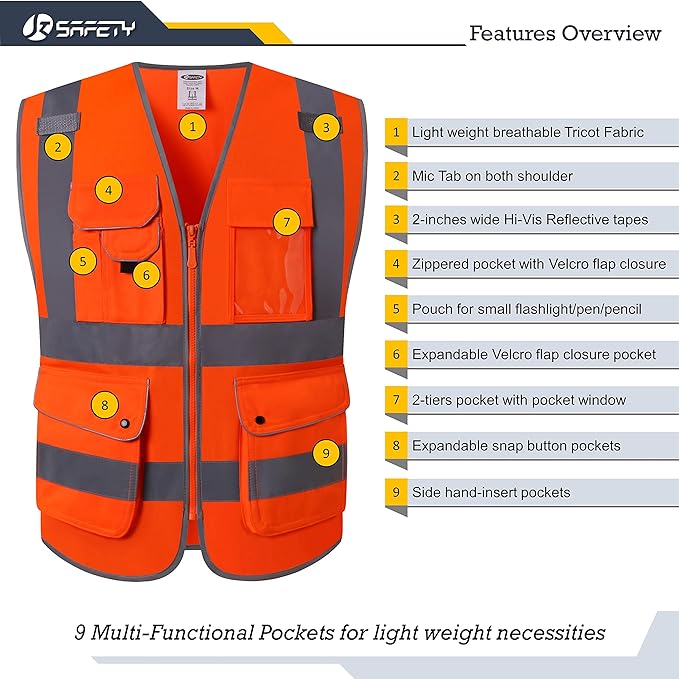 JKSafety 9 Pockets Class 2 High Visibility Zipper Front Safety Vest With Reflective Strips,Meets ANSI/ISEA Standards (150-Orange 3XL)
