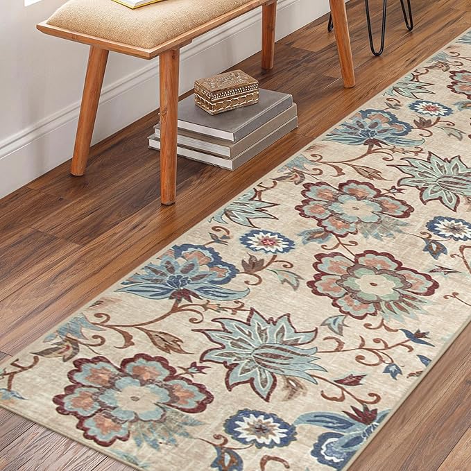 Beeiva Floral Hallway Runner Rug, Vintage Beige 2.5x12 Lightweight Kitchen Rugs Non Slip Washable, Printed Distressed Ultra Thin Foldable Rug Runner for Bedroom Bathroom
