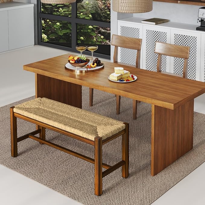 GOFLAME 40” Dining Bench Set of 2, Farmhouse Boho Entryway Bench with Woven Seagrass Seat, End of Bed Bench with Rubber Wood Frame, Accent Indoor Bench for Bedroom, Dining Room, Living Room, Hallway