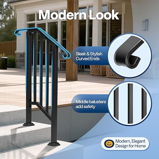 VIVOHOME 2-Pack 2 Step Galvanized Steel Hand Rails for Outdoor Steps – Curved Ends and Safety Balusters Exterior Railing for Porch, Deck, or Indoor Stairs, Complete Installation Kit
