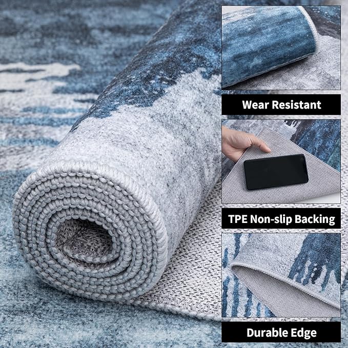Ciicool Modern Abstract Rug for Living Room, 10'x14' Machine Washable Area Rug Non-Slip Rug, Low-Pile Contemporary Indoor Dining Floor Carpet for Bedroom Office Under Table Home Decor Navy Grey