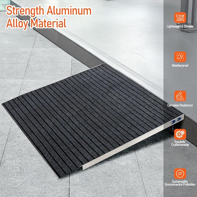Threshold Ramp for Wheelchairs, 3.4-7.1" Rise and 36"×36" Platform Aluminum Wheelchair Ramp, Door Threshold Ramps with a Non-Slip Thick Door Mat