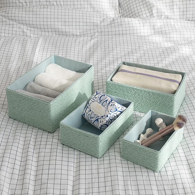Storage Baskets Set 4 - Stackable Woven Basket Paper Rope Bin, Storage Boxes for Makeup Closet Bathroom Bedroom (Light Green)