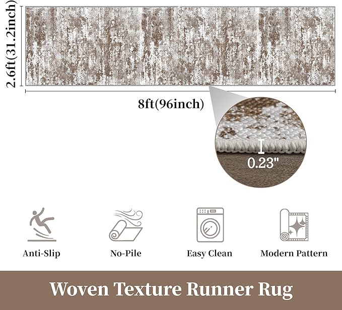 Hallway Runner Rug Ultra Non-Slip 2.6x8 Washable Kitchen Rug Abstract Tear and Stain Resistance No Pile Lightweight Runners for Entryway, Walkway, Bedside, Entrance, Brown