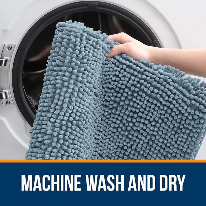 OLANLY Bathroom Rugs Sets 3 Piece, Soft Absorbent Chenille Bath Mats and U-Shaped Contour Toilet Rug, Quick Dry, Home Decor Accessories, Bath Mat Set for Bathroom (47"x20"+24"x16"+24"x20", Airy Blue)