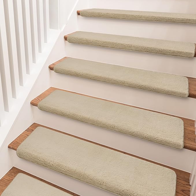 PURE ERA Carpet Stair Treads Ultra Plush 9.5" X 30"Soft Bullnose Indoor Stair Protectors Pet-Friendly Non-Slip Skid Resistant Tape Free Washable Reusable(2 Pieces,Beige)