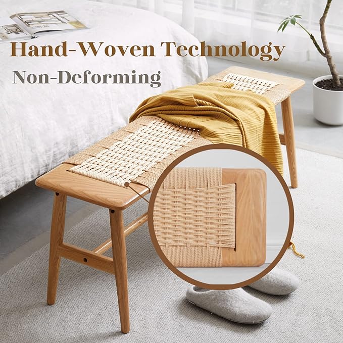 32" L 100% FAS Oak Wooden Bench Indoor - Solid Wood Rope Woven Entryway Bench, Dining Bench, Boho Furniture for Entryway, Dining Room, Bedroom, Kitchen (Creamy White)