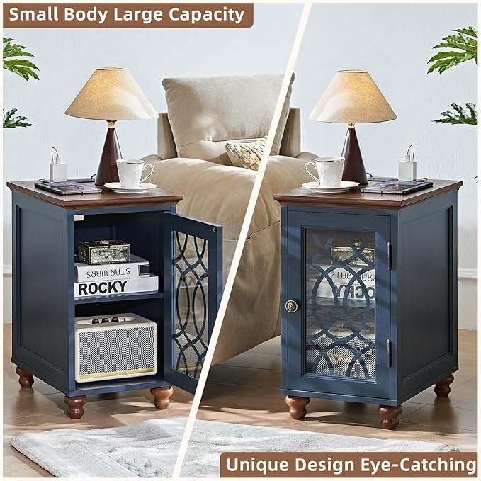 Narrow Side Table with Charging Station, Night Stand with Glass Door, Bedside End Tables with Adjustable Shelf Storage Cabinet,Wood Nightstand for Small Spaces Living Room Bedroom