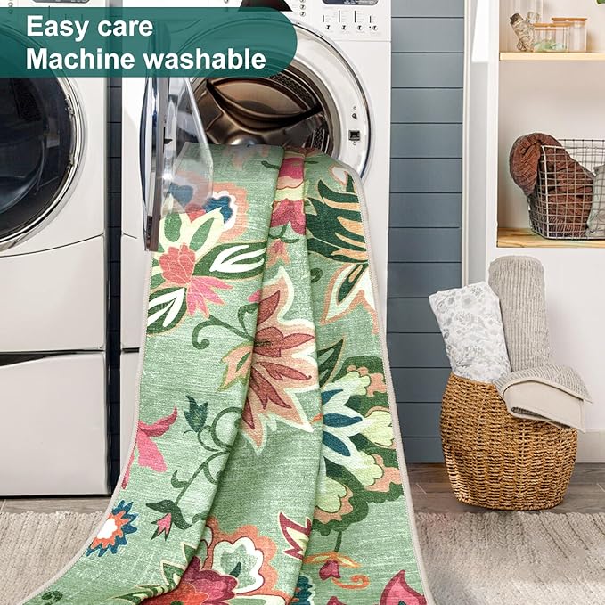 Beeiva Floral Runners for Hallways, Paisley Rug Runners 2x8 Washable with Ultra Thin Low Pile, Non Slip Rugs Carpet for Hall Way Kitchen Bathroom (Light Green,2'x8')