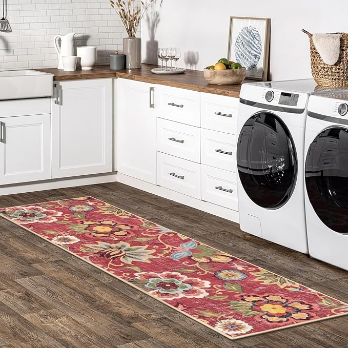 Beeiva Floral Washable Runner Rug 2x6, Red Christmas Runners Rug for Hallway with Rubber Backing, Ultra Thin Vintage Non Skid Washable Carpet for Bedroom Entrway Laundry Room