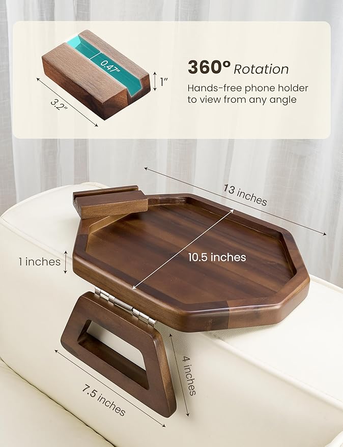 Tinamo Octagonal Acacia Sofa Arm Tray, Couch Armrest Table with Folding Arms - Armchair Caddy, Clip on Tray with Adjustable Arm Hinges for Home Sofa Living Room (Walnut, Octagon Phone Holder)
