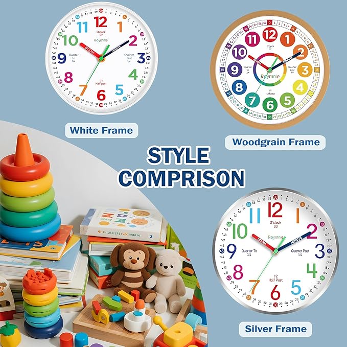 Wall Clock 10 Inch for Kids Learning Easily Kids Teaching Clock Analog Silent Non Ticking Battery Operated Colorful Teaching Time Clock Decorative for Kids Room Kitchen School