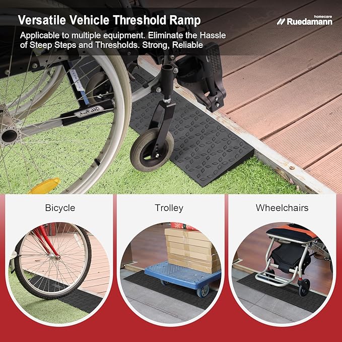 Ruedamann 1.6" Rise Threshold Ramps for Doorways, Sturdy Rubber Threshold Ramp, Non-Slip Ramp for Wheelchair for Home, Adjustable and Cuttable for Wheelchairs, Scooters, Sweepers, Curbs