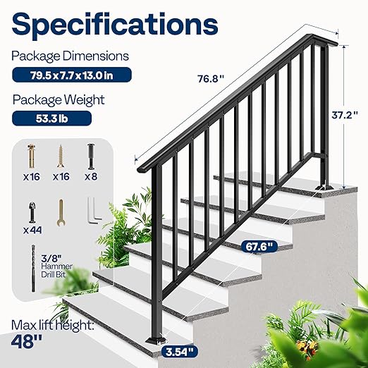 VIVOHOME 2-Pack 6 Step Galvanized Steel Hand Rails for Outdoor Steps – Black Oval and Safety Balusters Exterior Railing for Porch, Deck, or Indoor Stairs, Complete Installation Kit
