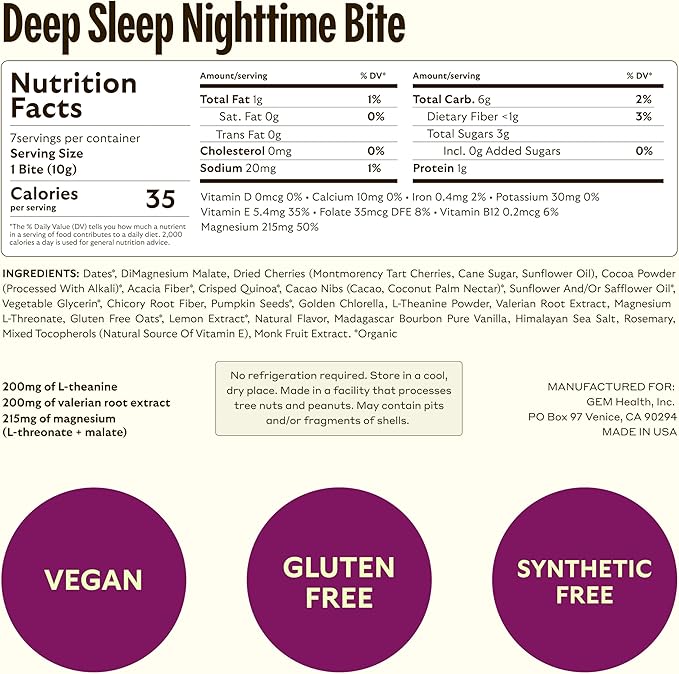 GEM Sleep Aid, Nighttime Bite, Melatonin Free, L-Theanine, Magnesium, Valerian Root Extract | Vegan and Gluten Free | Earthy Chocolate Cherry (28 Pack)