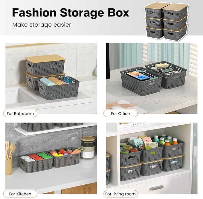 Plastic Storage Baskets With Bamboo Lid - Plastic Storage Containers Stackable Storage bins: Storage Baskets for Organizing Shelves Drawers Desktop Closet Playroom Classroom Office, 6 Pack, Gray