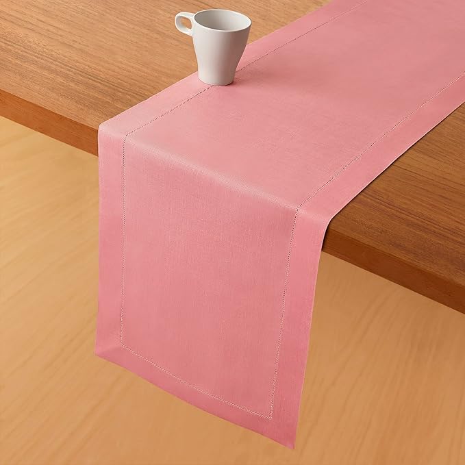 D'Moksha Homes Linen Dusty Pink Table Runner 48 Inches - Classic Hemstitch, 100% Pure Linen Coffee Table Runner 14 x 48 Inch Ideal for Dresser Tables, Valentines, Spring, Easter