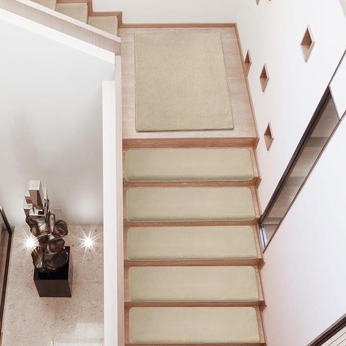 PURE ERA Carpet Stair Treads Ultra Plush 9.5" X 30"Soft Bullnose Indoor Stair Protectors Pet-Friendly Non-Slip Skid Resistant Tape Free Washable Reusable(7 Pieces,Beige)