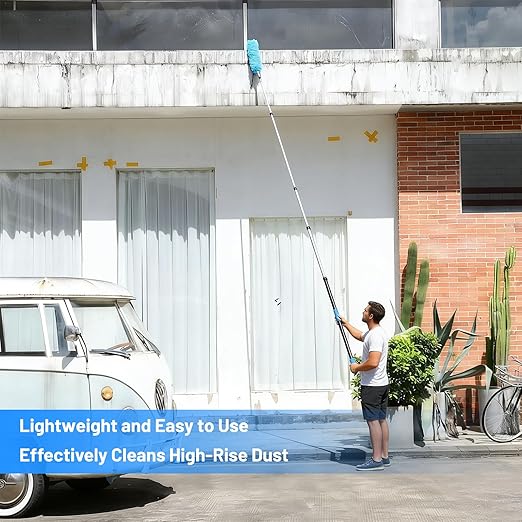 25 Foot High Ceiling Fan Duster with 5-18ft Extension Pole, Heavy Duty High Reach Duster Kit for Cleaning, Window Squeegee with Scrubber, Washable Dust Brush for High Roof and Glass Surfaces